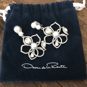 Oscar de la Renta Faux Pearl & Crystal Flower clip-on chandelier earrings